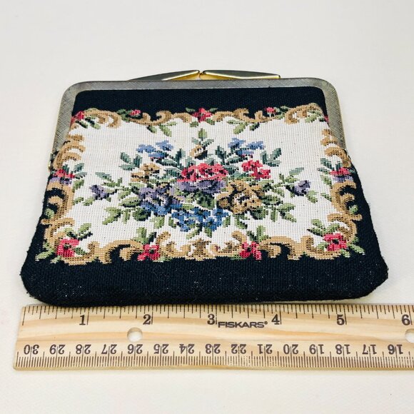 Vintage Needlepoint Tapestry Coin Purse: Victorian Floral - Gold Tone Clutch - Picture 9 of 10